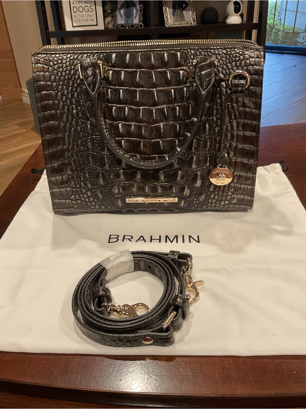 Brahmin Dark Brown Croc-Embossed Satchel with Gold Hardware